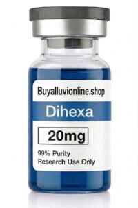 Dihexa 20mg neurogenic peptide vial showing solid white lyophilized cake laboratory layout⁠