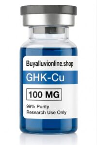 GHK-Cu 100mg copper peptide vial with deep blue lyophilized cake layout