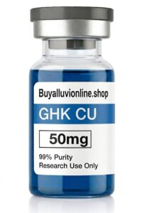 GHK-Cu 50mg copper peptide vial with uniform deep blue lyophilized cake layout