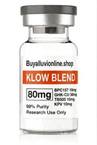 KLOW Blend 80mg multi-peptide vial showing uniform light blue lyophilized cake laboratory product layout⁠
