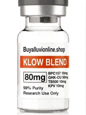 KLOW Blend 80mg multi-peptide vial showing uniform light blue lyophilized cake laboratory product layout⁠