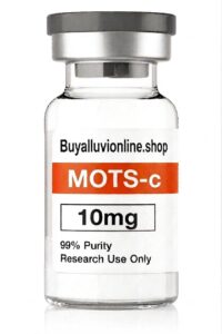 MOTS-c 10mg mitochondrial peptide vial showing solid white lyophilized cake laboratory layout