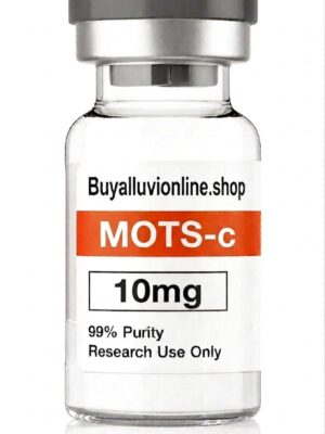MOTS-c 10mg mitochondrial peptide vial showing solid white lyophilized cake laboratory layout