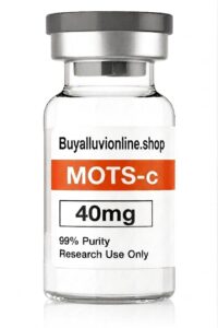 MOTS-c 40mg mitochondrial peptide vial showing solid white lyophilized cake laboratory layout